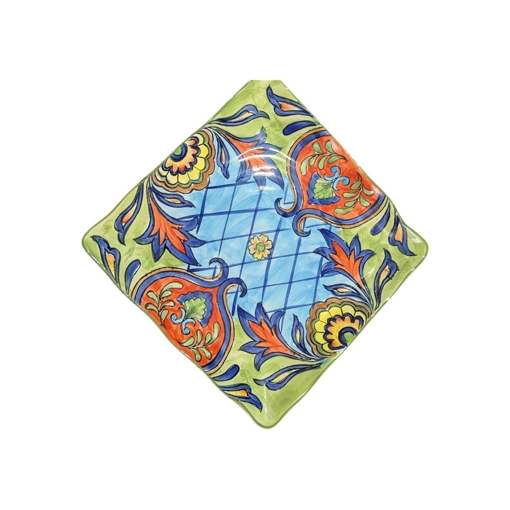 Maxcera Orange Talavera Square Dinner Plate Floral Boho 11" rustic Farmhouse‎